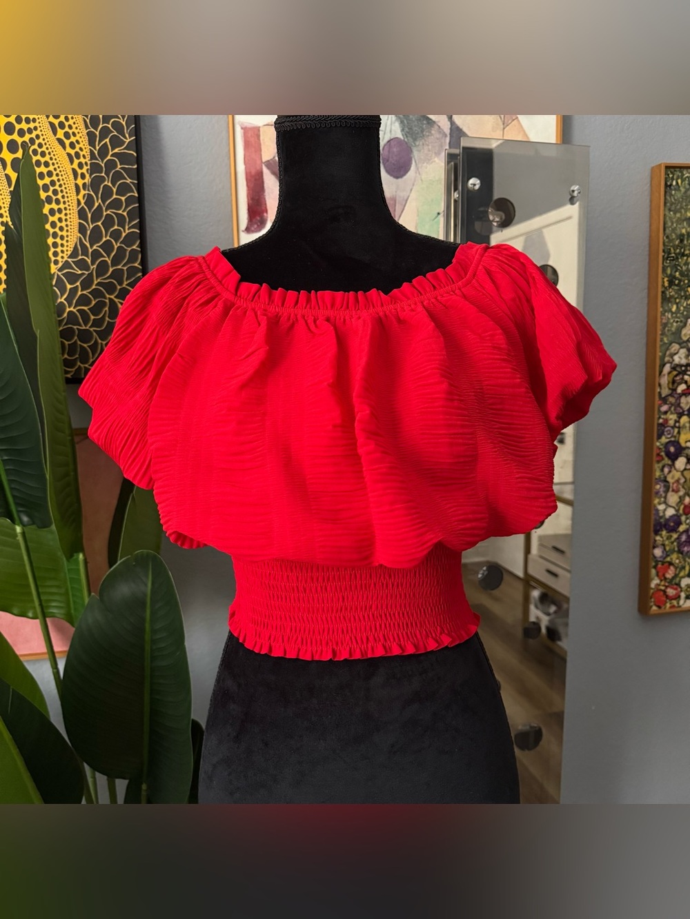 Red Off-Shoulder Smocked Waist Women's Top